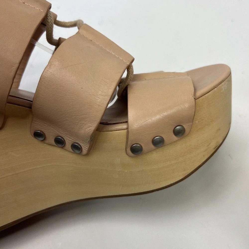 Loeffler Randall Ines Nude Lace Up Platform Wood Heel Sandals 9 Gladiator